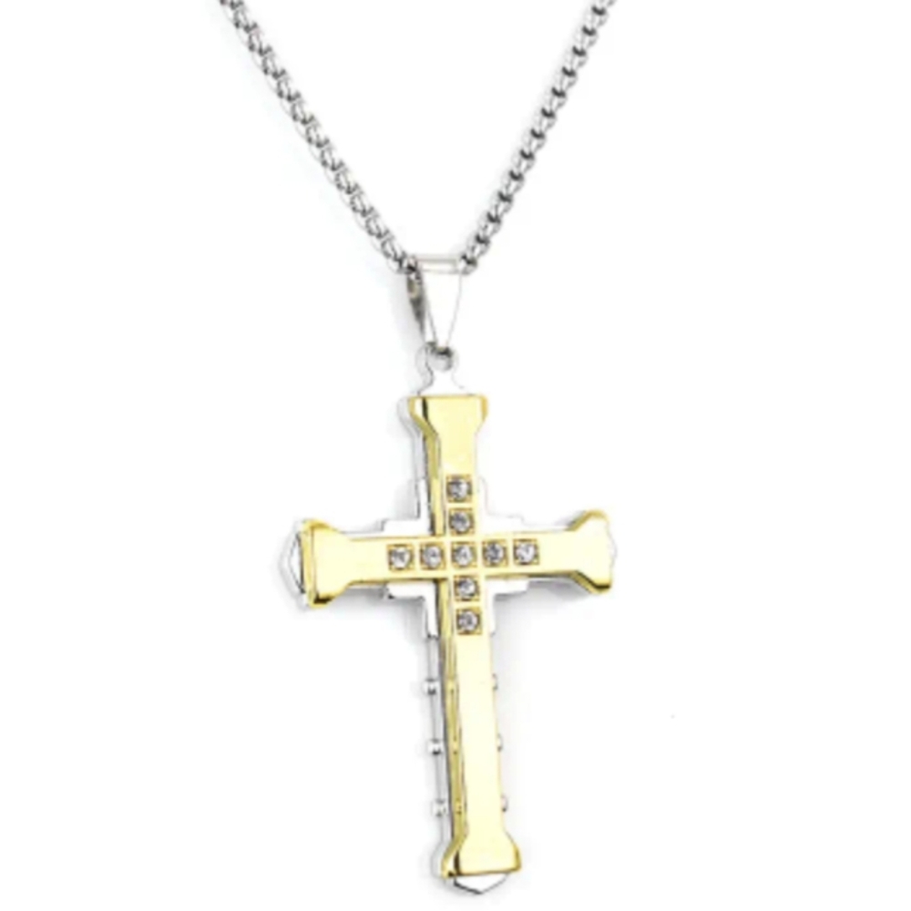 Cross Multi-layer Stainless Steel Men's Necklace With Cubic Zirconia Stones NWT